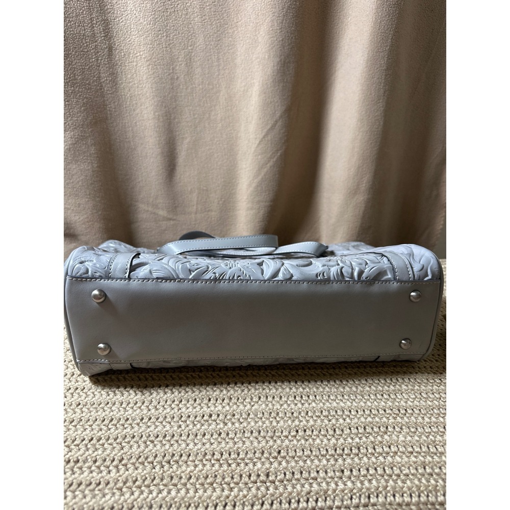 Patricia Nash Light Blue Grey Floral Embossed Leather Tote Bag with Tassel